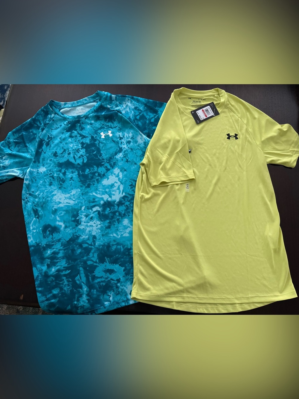 Under Armour kids xl and Men’s XS Short Sleeve Tees - Teal Tie-Dye & Lime